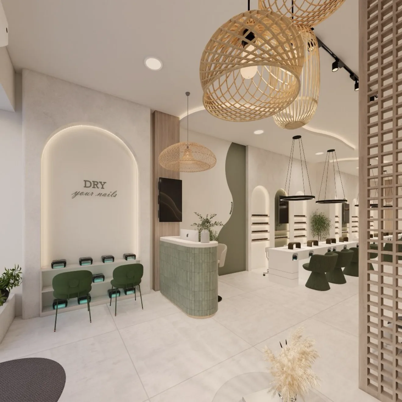 Design rendering of the upcoming Parliament Street salon: arched drying nook, rattan pendant lights and a green tiled reception desk